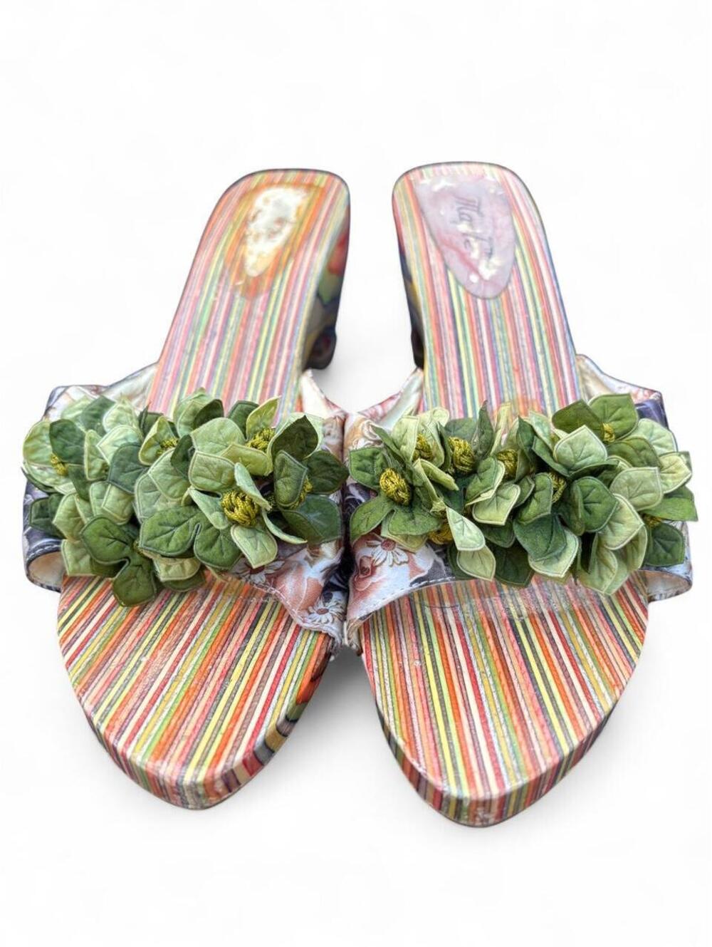 mackenzie childs floral appliqué platform mules, fabric and rainbow wood